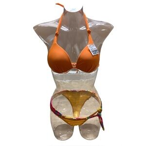Recco Size M Brazilian Stripes & Flowers Bikini Set & Zuliana Orange Sarong. New